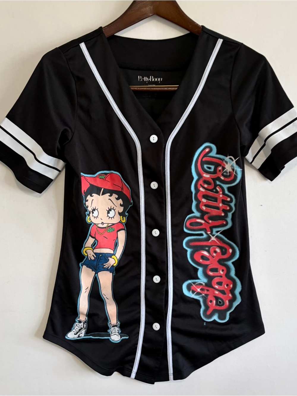 Betty Boop button down baseball jersey black Womens M Biker Graffiti Streetwear